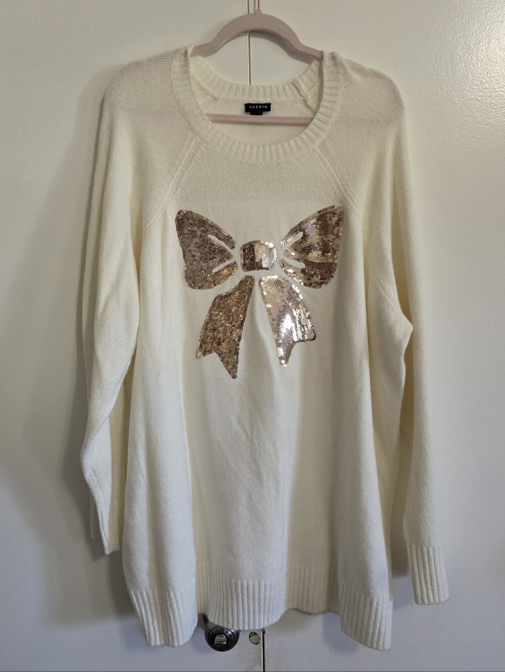 Torrid Vegan Cashmere Cream Sweater With Rose Gold Sequin Bow